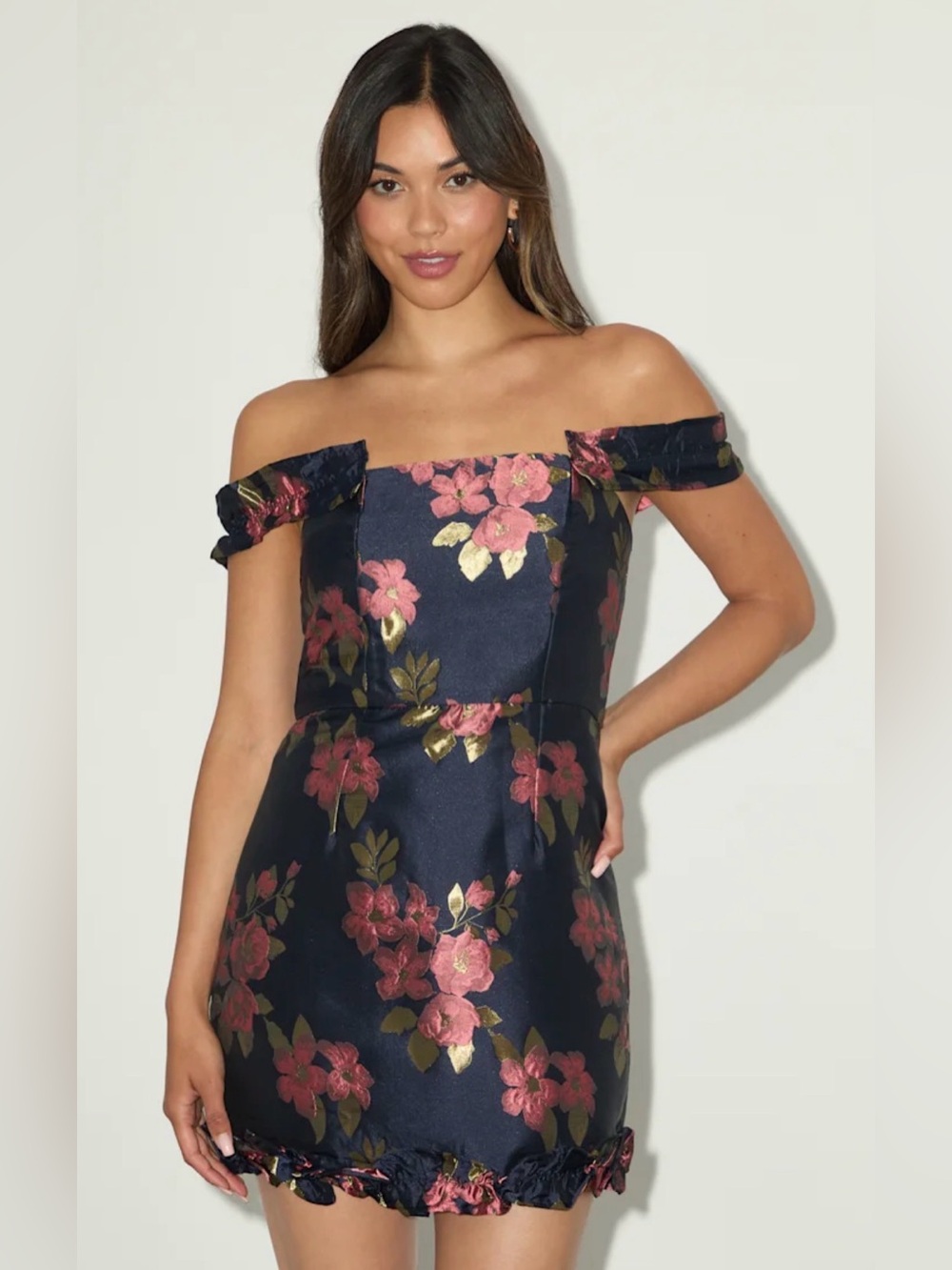 Lulu’s Pop the Bottle Navy Blue Floral Jacquard Ruffled Mini Dress